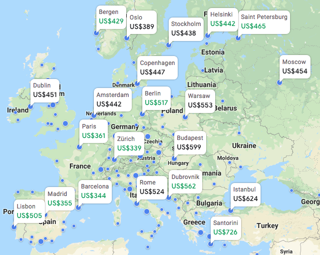 Google Flights - Europe destinations